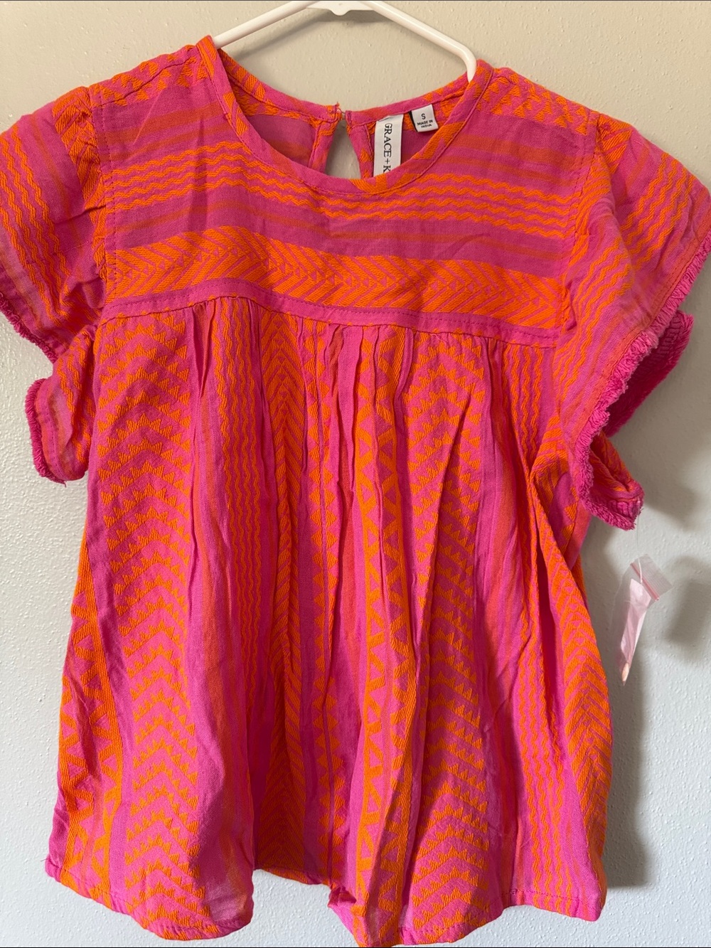 Girls' Bright Pink & Orange Patterned Short-Sleeve Blouse - Small